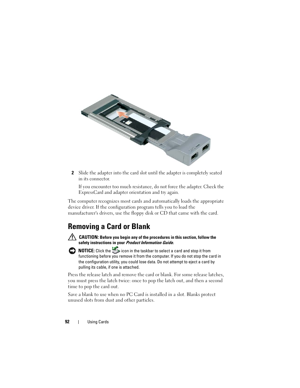 Removing a card or blank | Dell Latitude D530 (Early 2008) User Manual | Page 92 / 176
