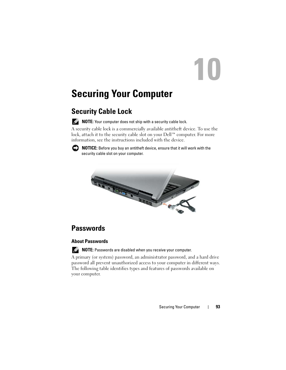 Securing your computer, Security cable lock, Passwords | About passwords | Dell Latitude D530 (Early 2008) User Manual | Page 93 / 176