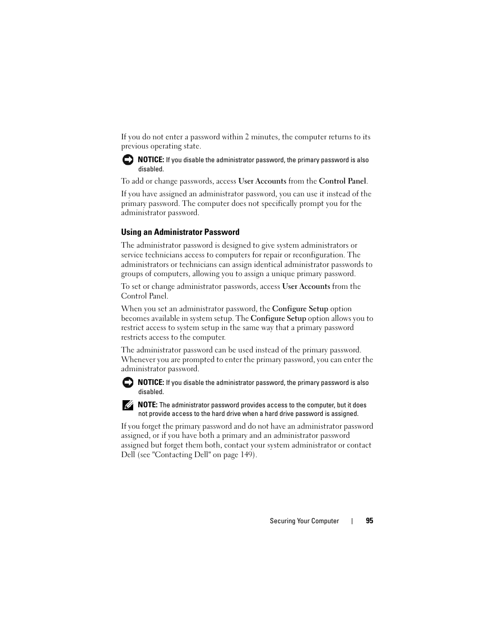 Using an administrator password | Dell Latitude D530 (Early 2008) User Manual | Page 95 / 176