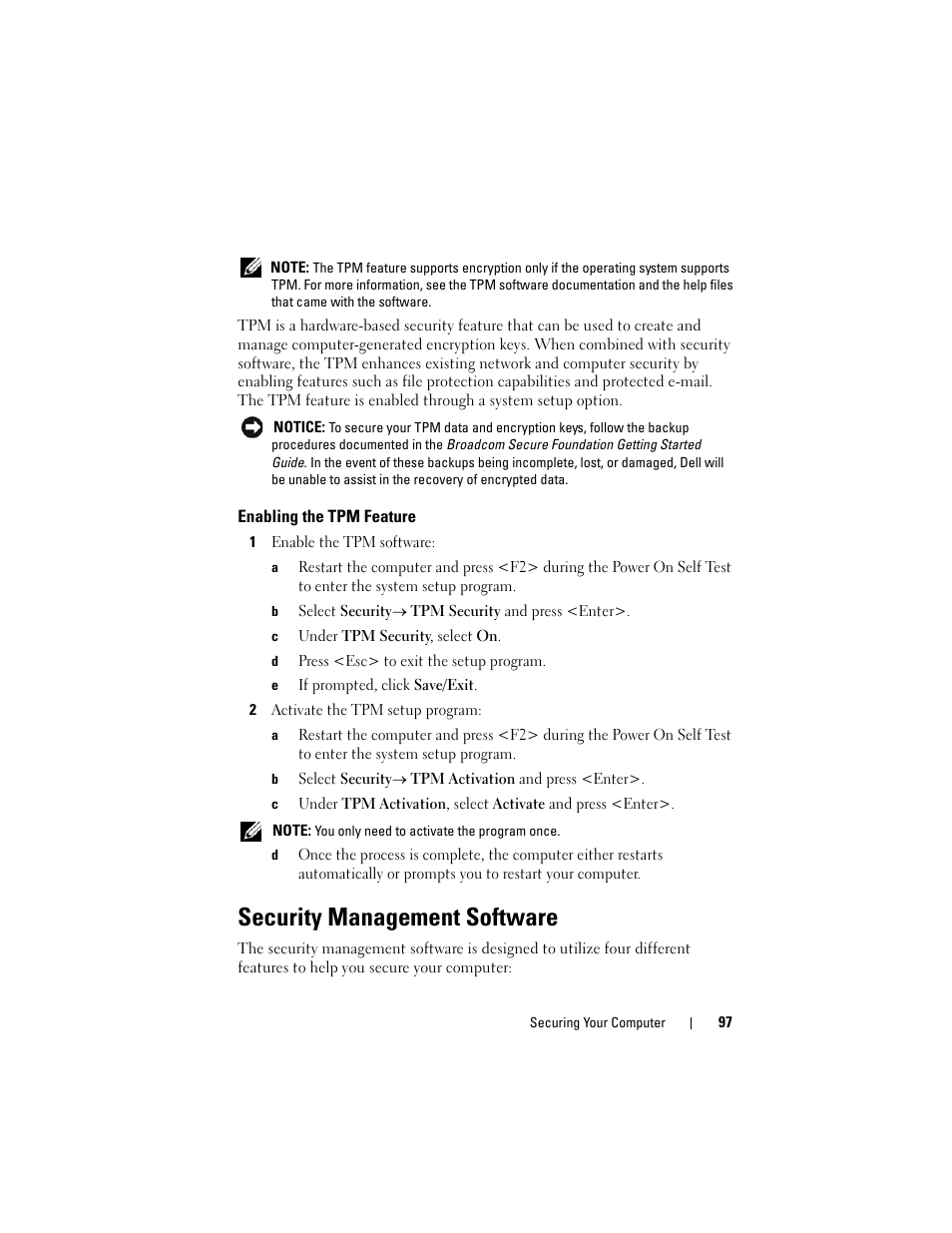 Enabling the tpm feature, Security management software | Dell Latitude D530 (Early 2008) User Manual | Page 97 / 176