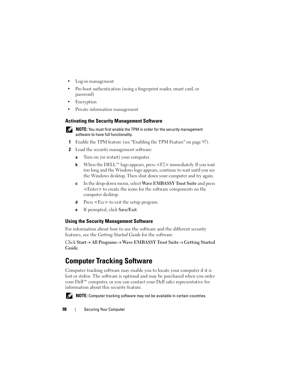 Activating the security management software, Using the security management software, Computer tracking software | Dell Latitude D530 (Early 2008) User Manual | Page 98 / 176