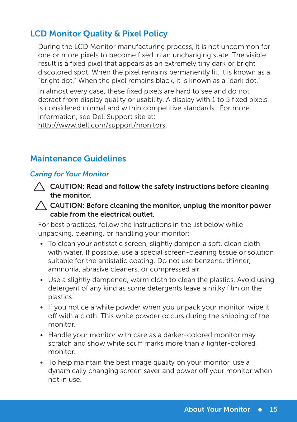 Maintenance guidelines, Caring for your monitor, Lcd monitor quality & pixel policy | Dell D2015H Monitor User Manual | Page 15 / 45