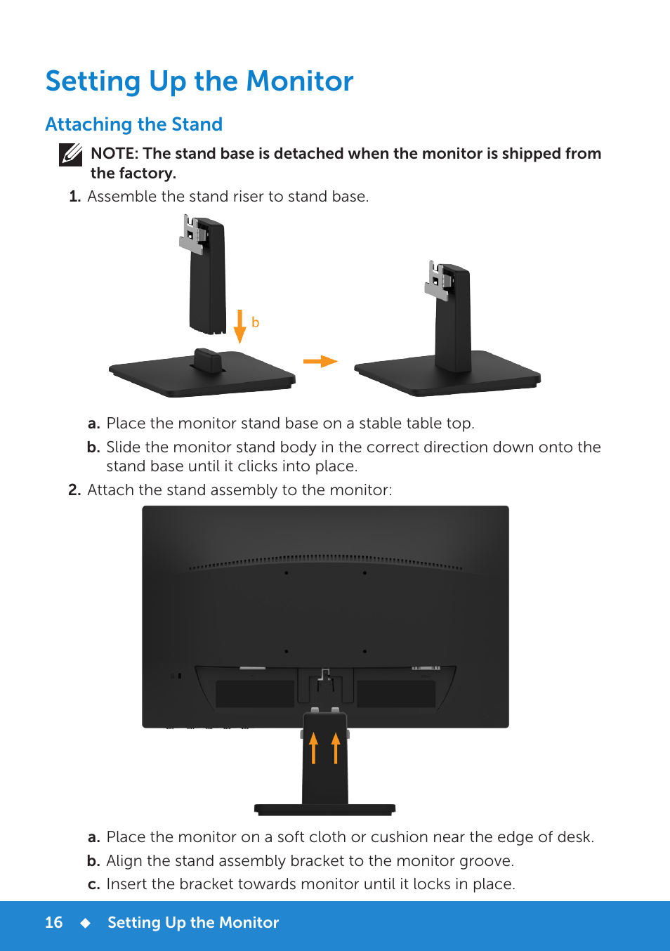 Setting up the monitor, Attaching the stand | Dell D2015H Monitor User Manual | Page 16 / 45