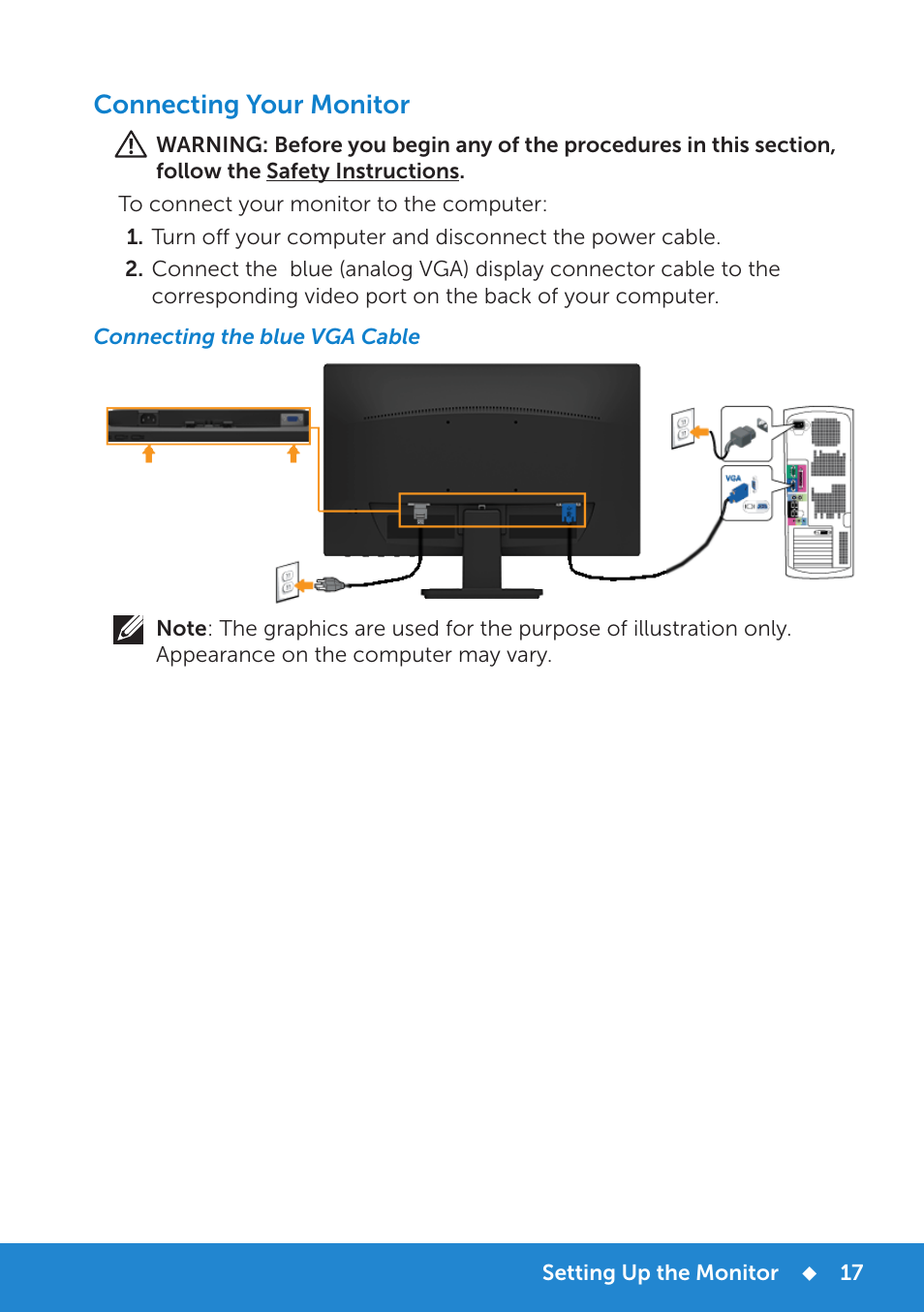 Connecting your monitor, Connecting the blue vga cable | Dell D2015H Monitor User Manual | Page 17 / 45