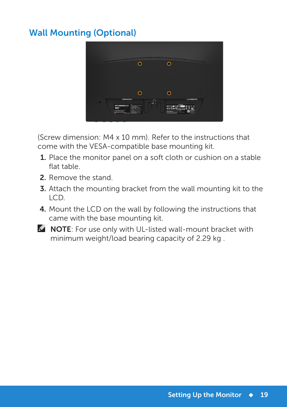 Wall mounting (optional) | Dell D2015H Monitor User Manual | Page 19 / 45