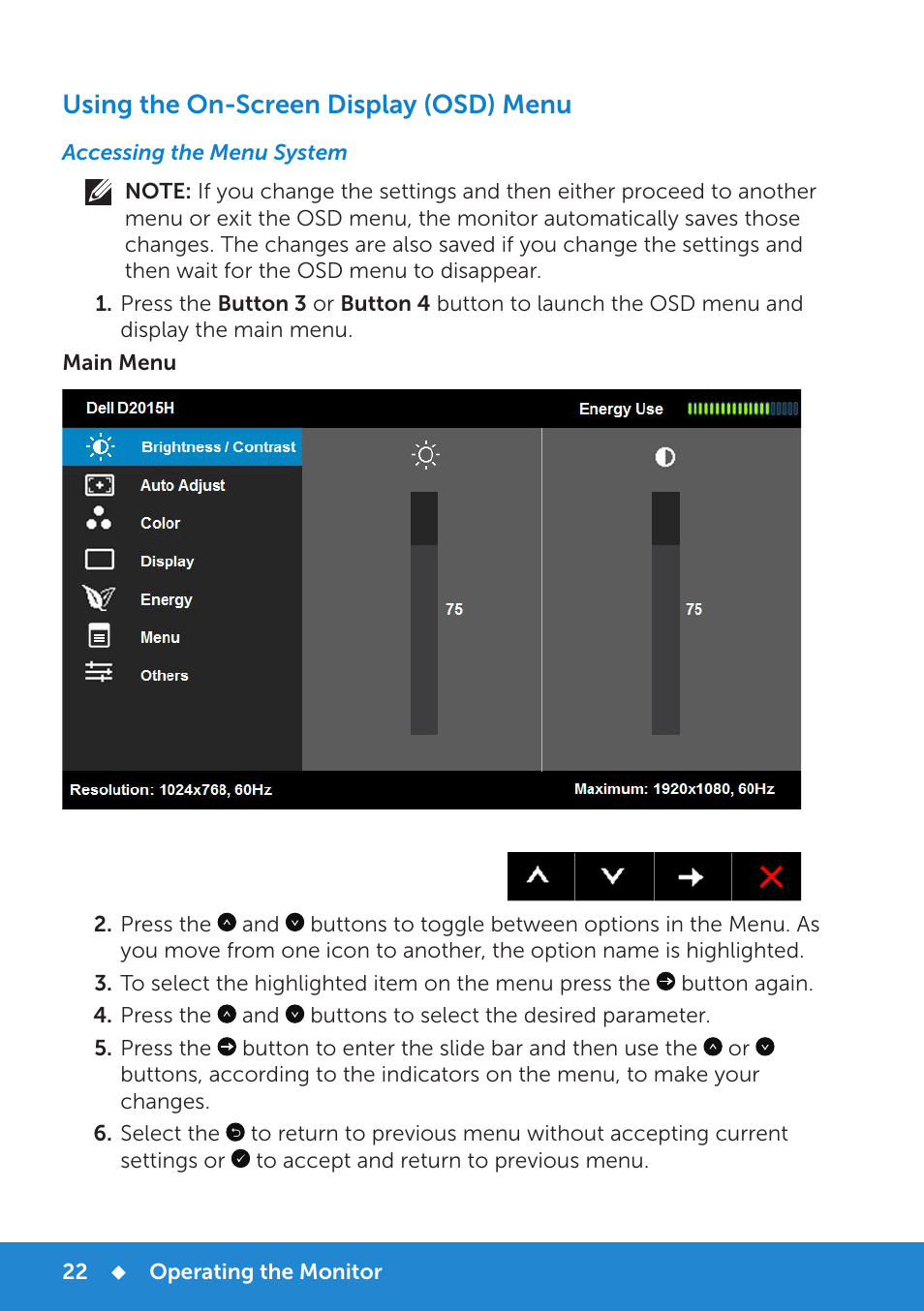 Accessing the menu system, Using the on-screen display (osd) menu | Dell D2015H Monitor User Manual | Page 22 / 45