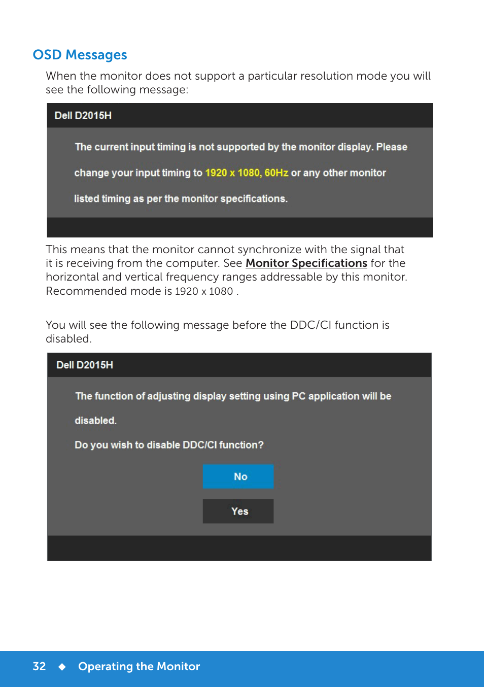 Osd messages | Dell D2015H Monitor User Manual | Page 32 / 45