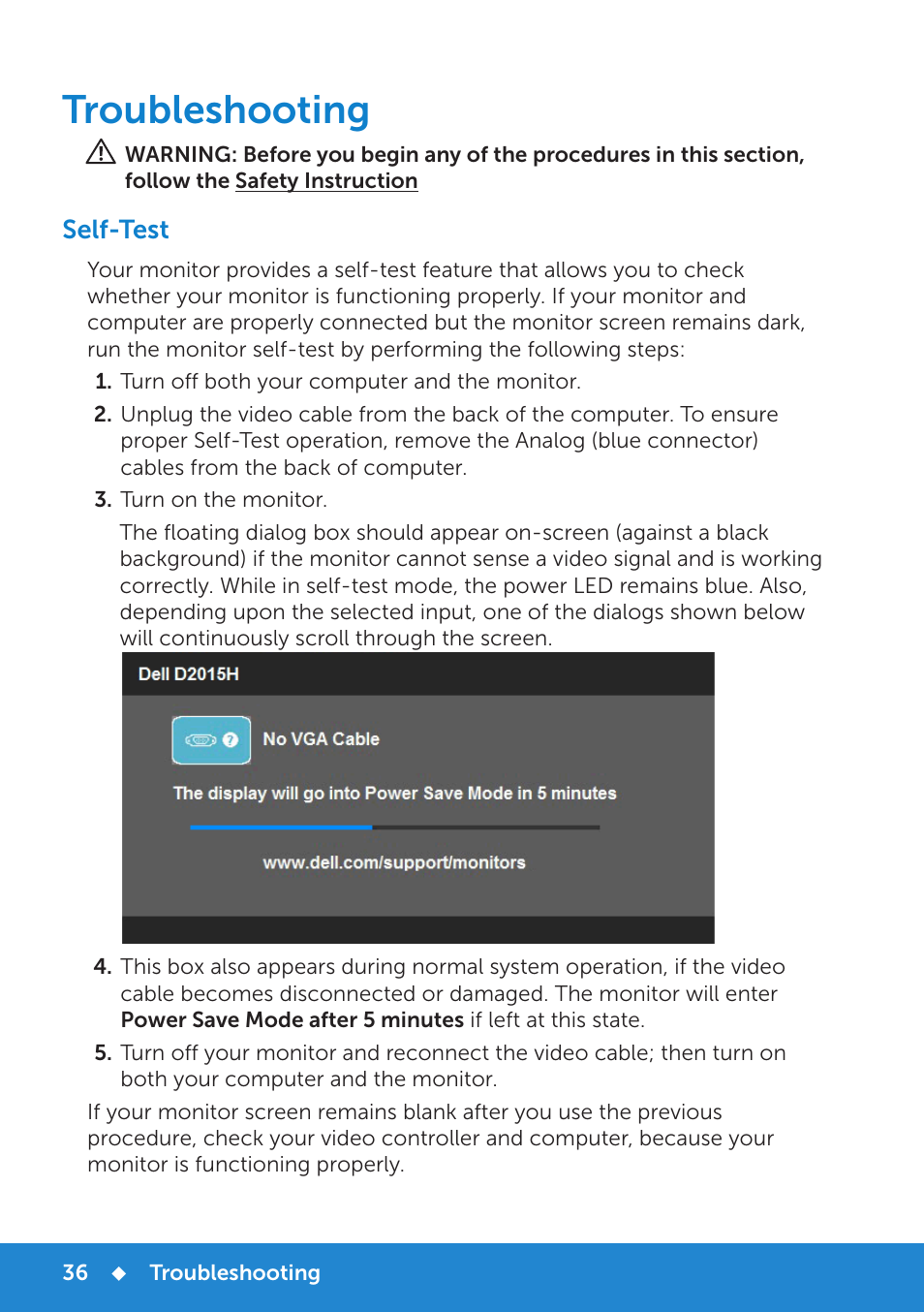 Troubleshooting, Self-test | Dell D2015H Monitor User Manual | Page 36 / 45