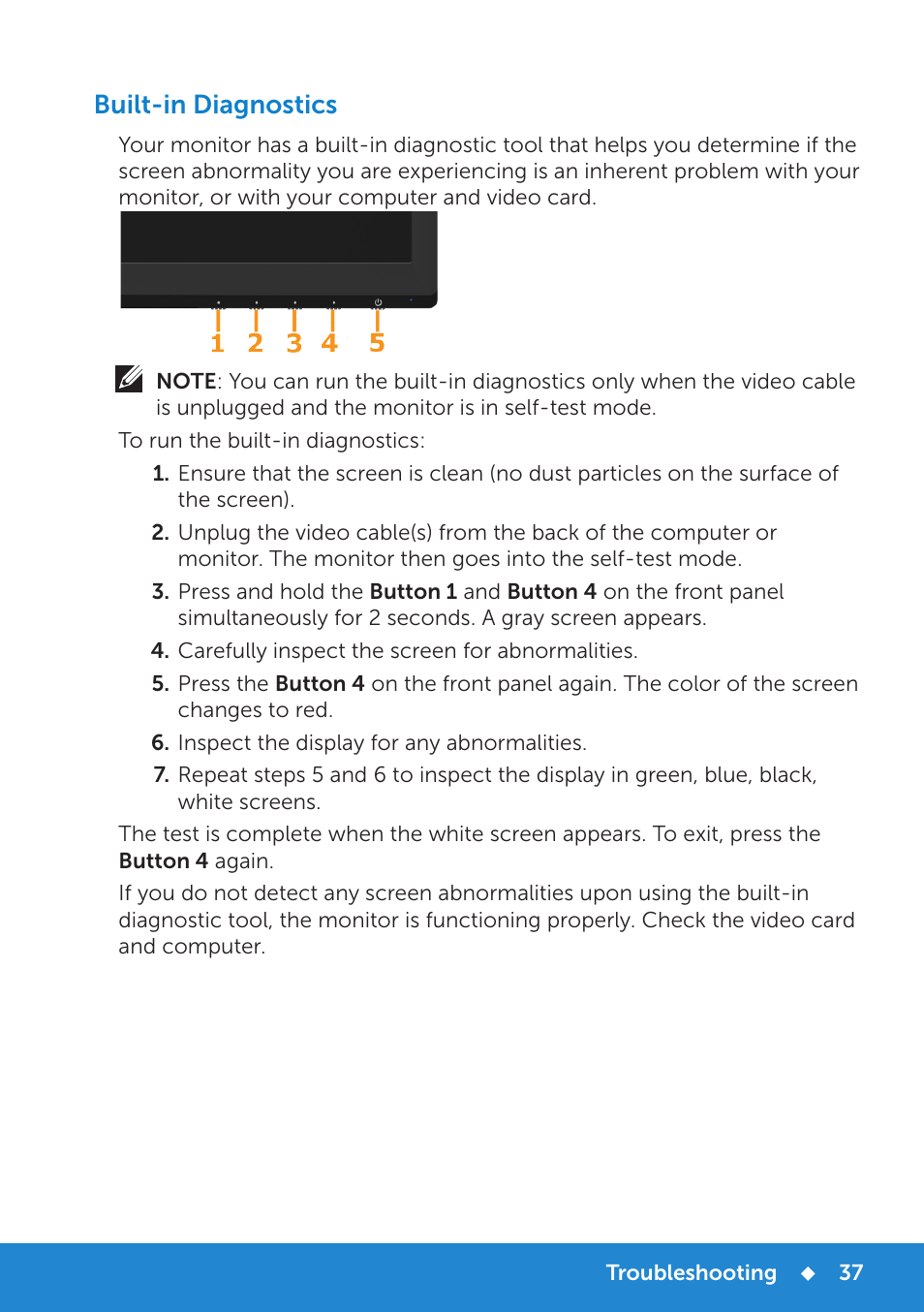 Built-in diagnostics | Dell D2015H Monitor User Manual | Page 37 / 45