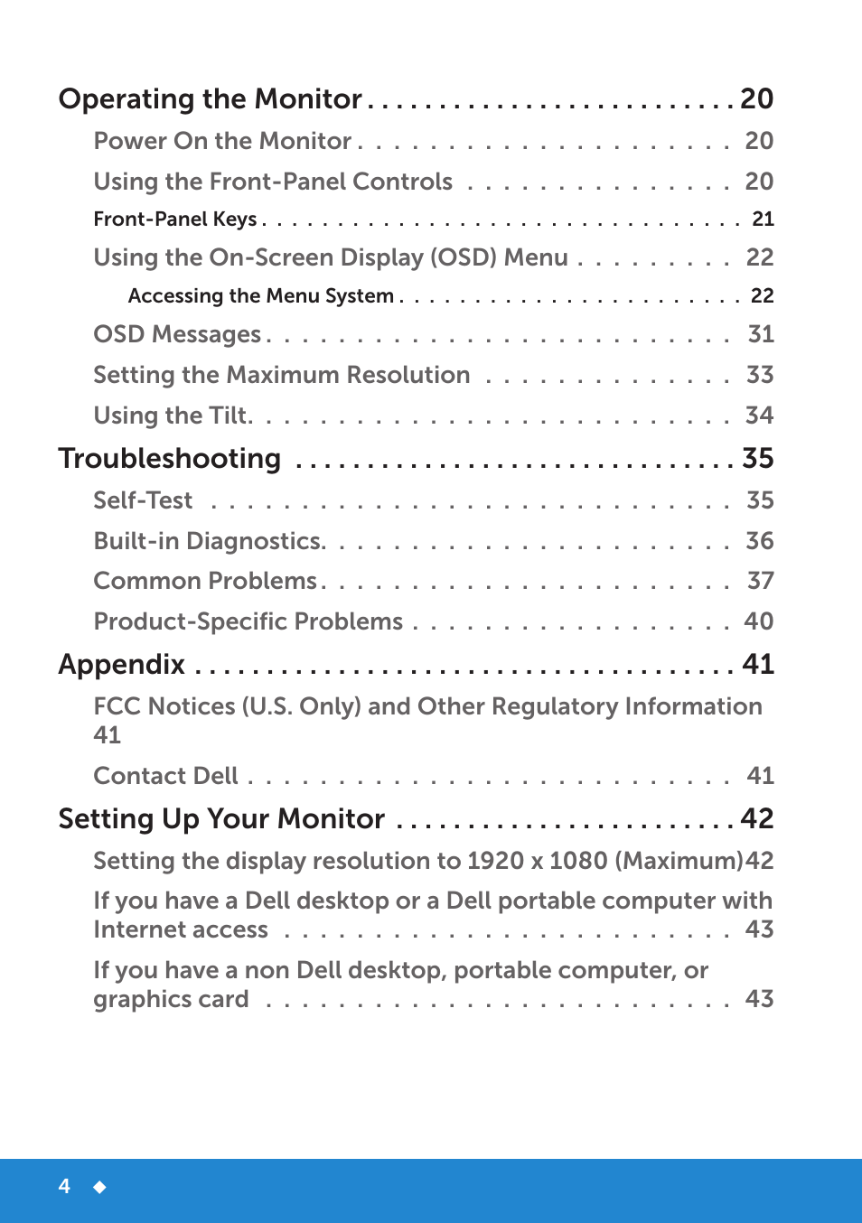 Operating the monitor, Troubleshooting, Appendix | Setting up your monitor | Dell D2015H Monitor User Manual | Page 4 / 45