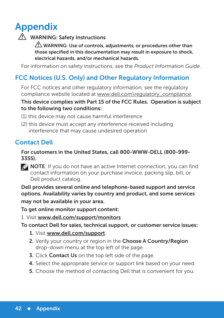 Appendix, Contact dell | Dell D2015H Monitor User Manual | Page 42 / 45