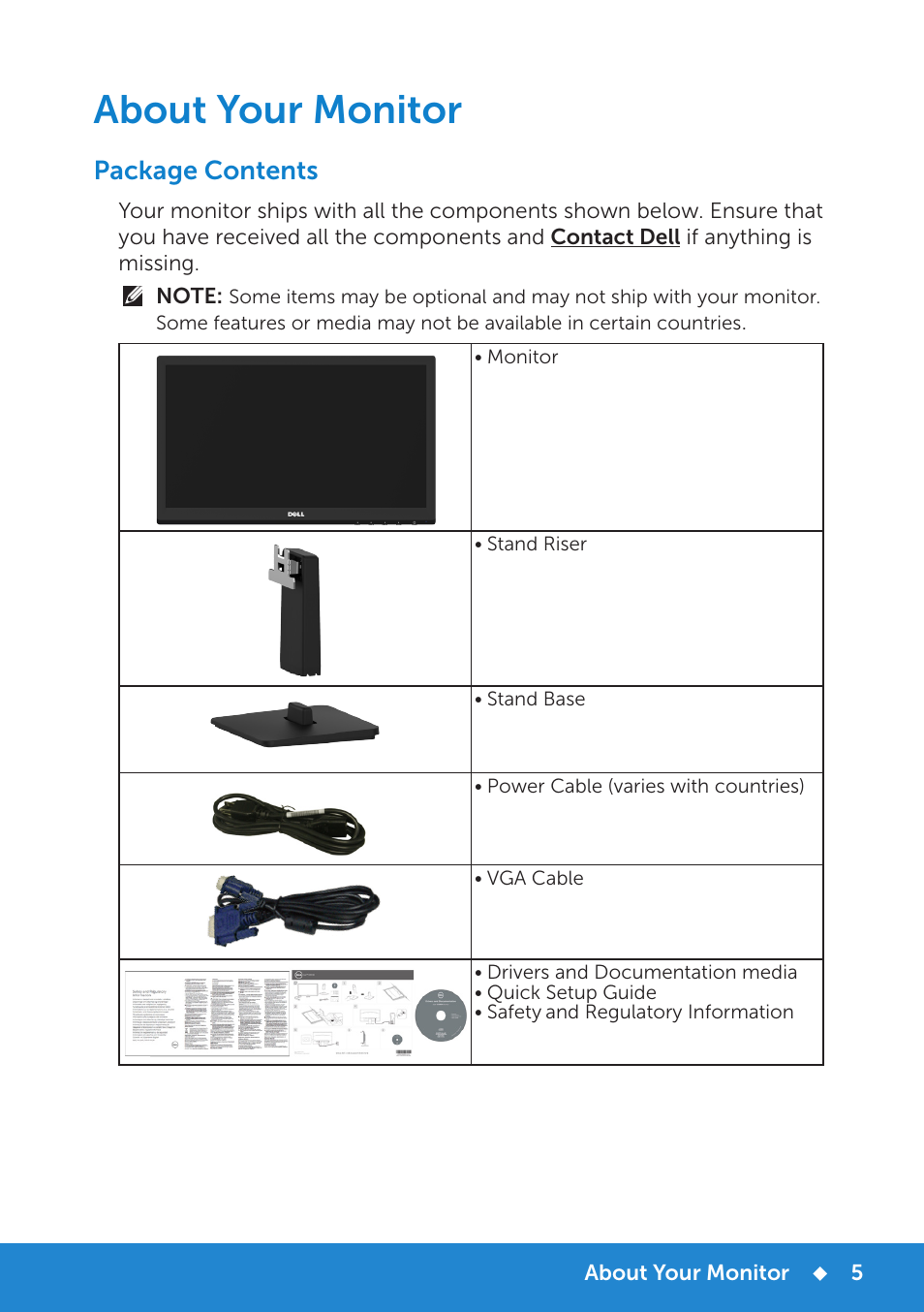 About your monitor, Package contents | Dell D2015H Monitor User Manual | Page 5 / 45