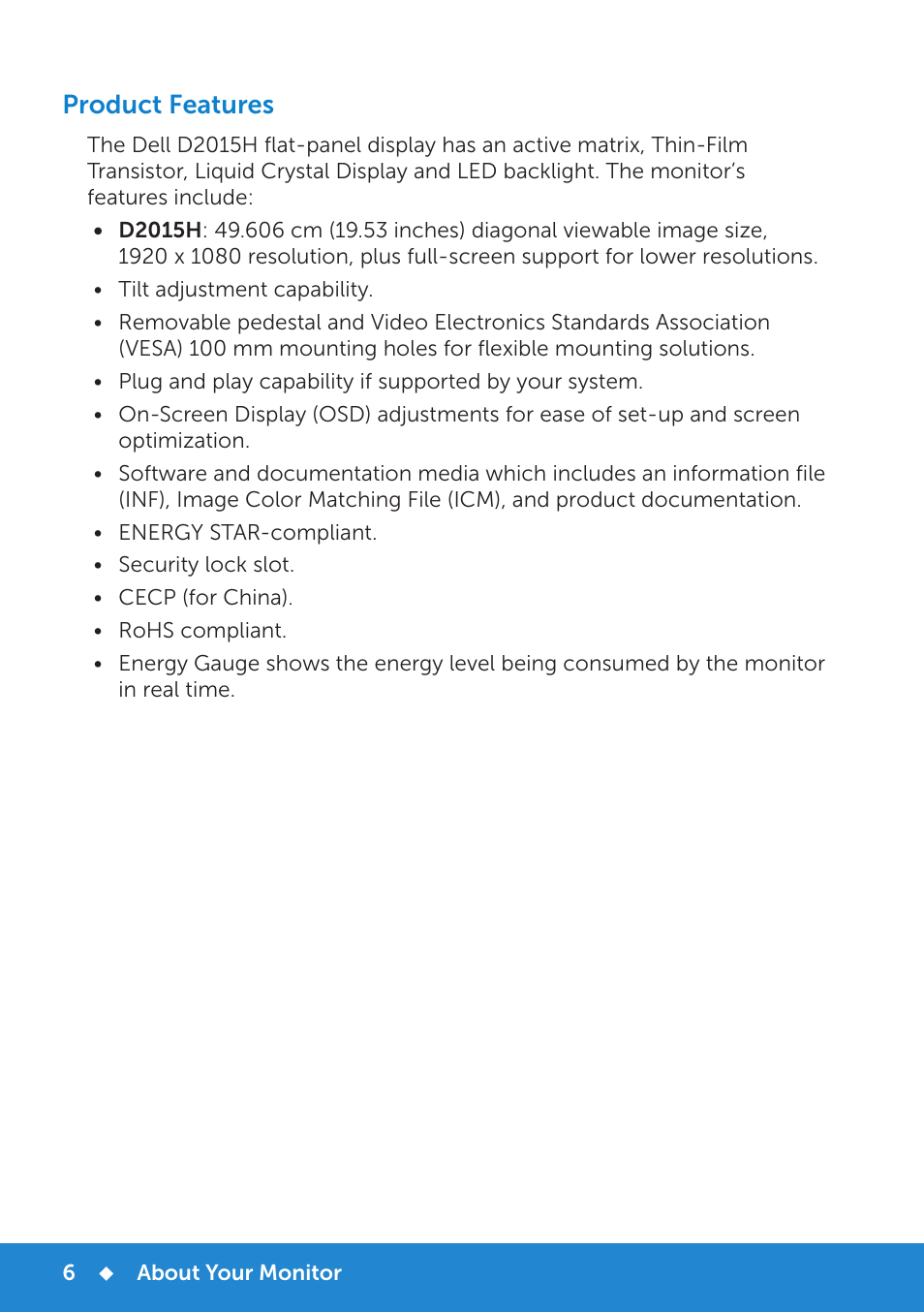 Product features | Dell D2015H Monitor User Manual | Page 6 / 45