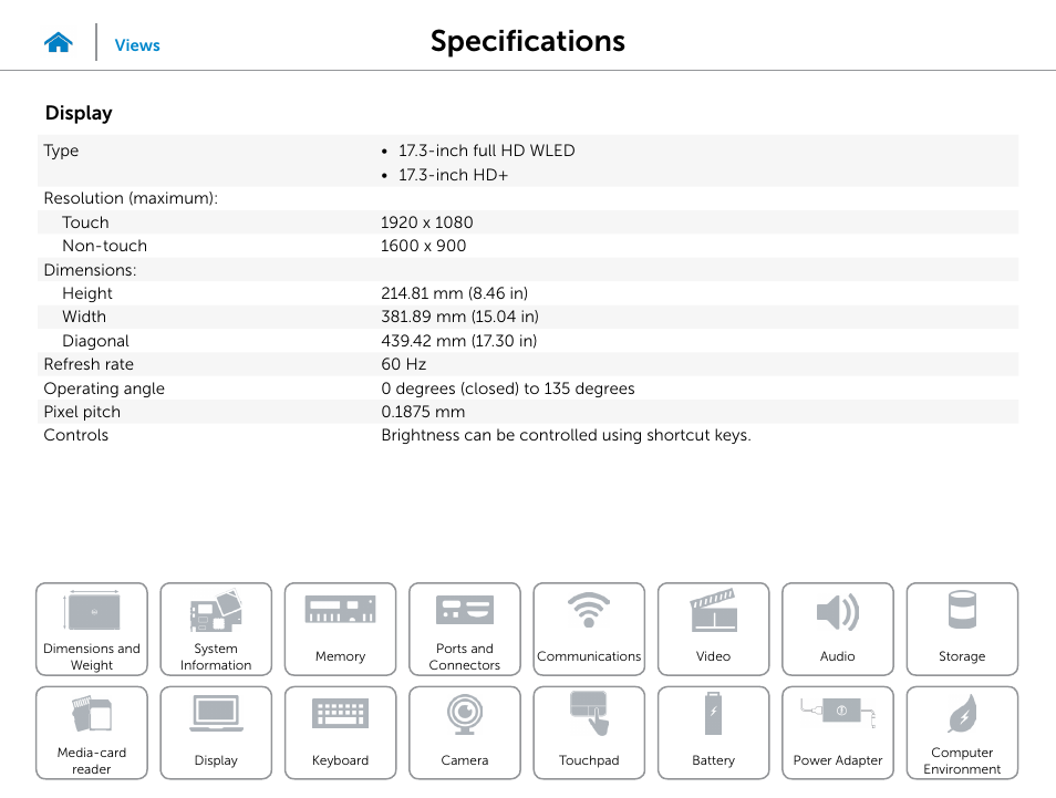 Display, Specifications | Dell Inspiron 17 (5749, Early 2015) User Manual | Page 16 / 22