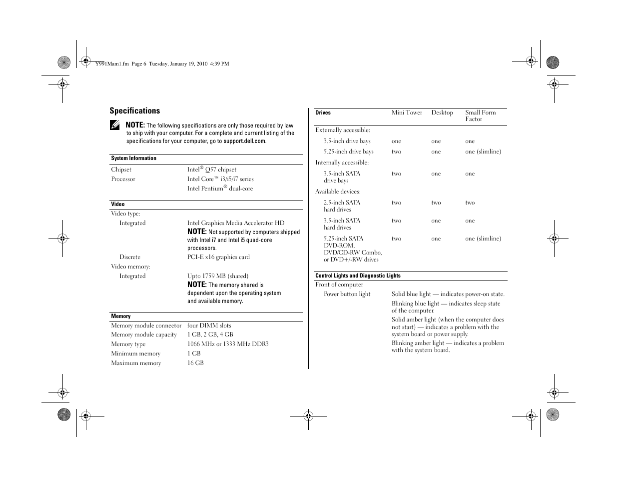 Specifications | Dell OptiPlex 980 (Early 2010) User Manual | Page 6 / 8