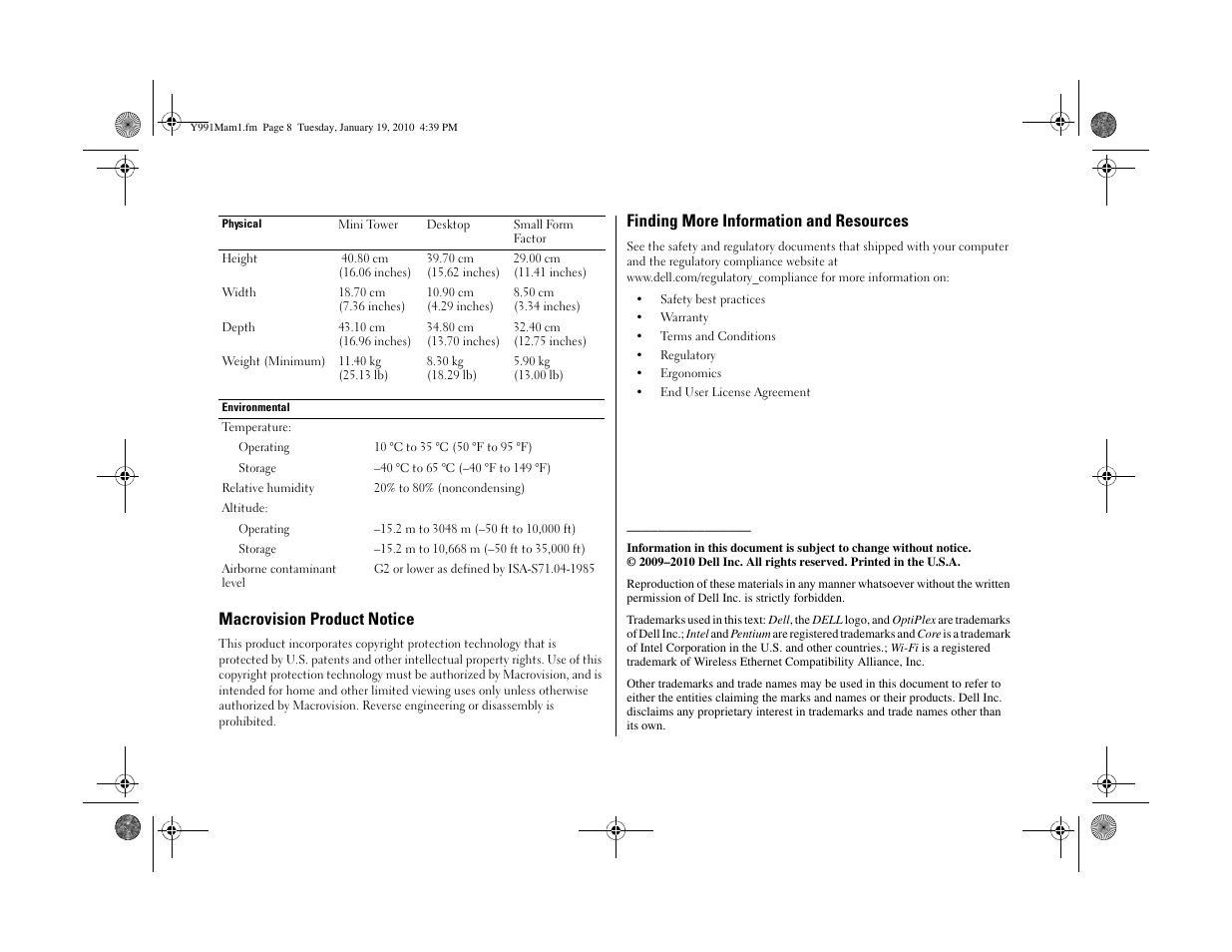 Macrovision product notice, Finding more information and resources | Dell OptiPlex 980 (Early 2010) User Manual | Page 8 / 8