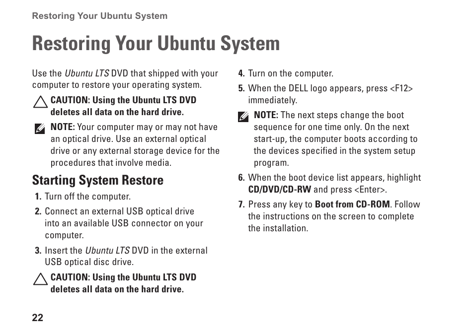 Restoring your ubuntu system, Starting system restore | Dell Inspiron Mini 10v (1011, Mid 2009) User Manual | Page 24 / 26