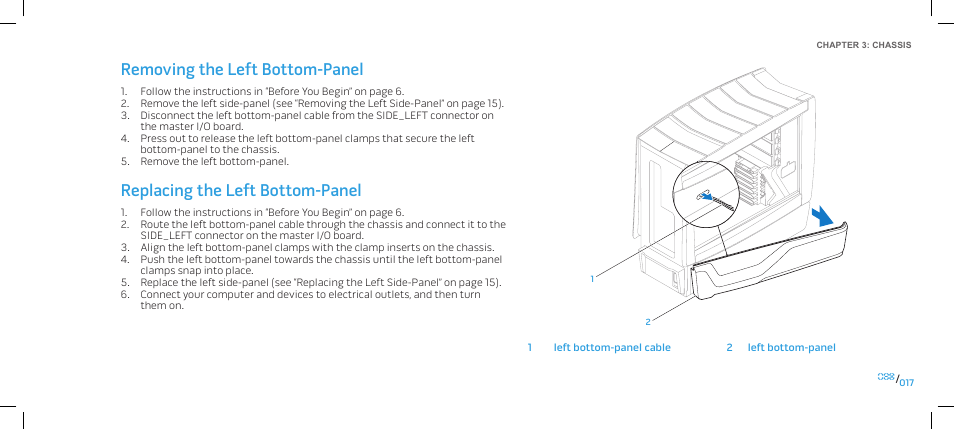 Removing the left bottom-panel, Replacing the left bottom-panel | Dell Alienware Area-51 ALX (Late 2009) User Manual | Page 17 / 103
