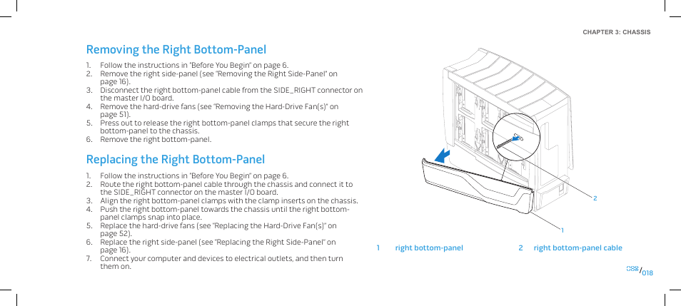 Removing the right bottom-panel, Replacing the right bottom-panel | Dell Alienware Area-51 ALX (Late 2009) User Manual | Page 18 / 103