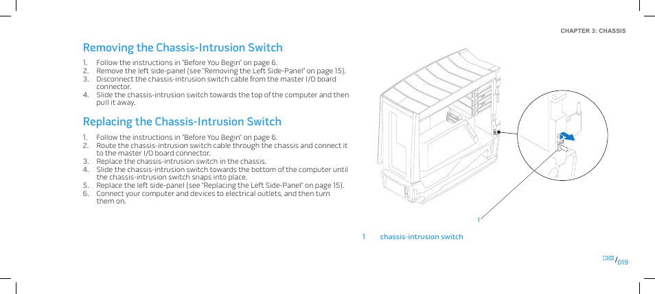 Removing the chassis-intrusion switch, Replacing the chassis-intrusion switch | Dell Alienware Area-51 ALX (Late 2009) User Manual | Page 19 / 103