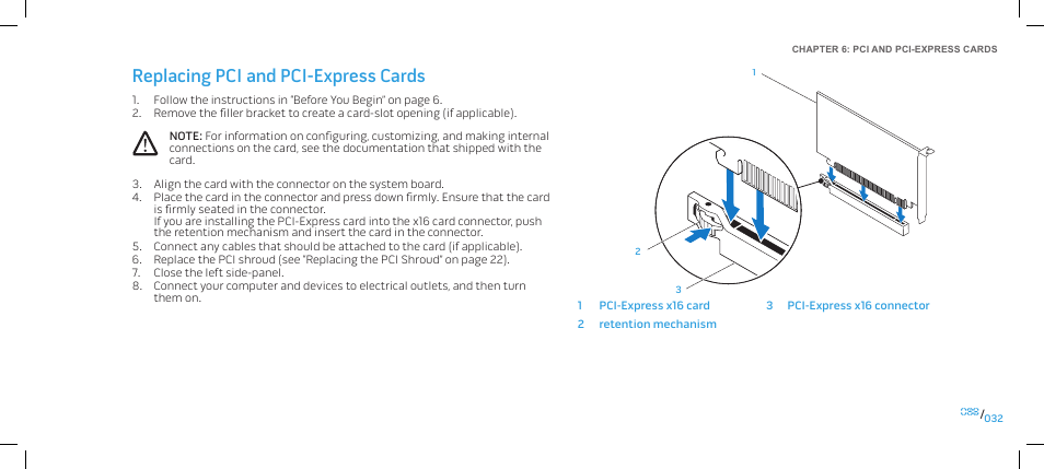 Replacing pci and pci-express cards | Dell Alienware Area-51 ALX (Late 2009) User Manual | Page 32 / 103