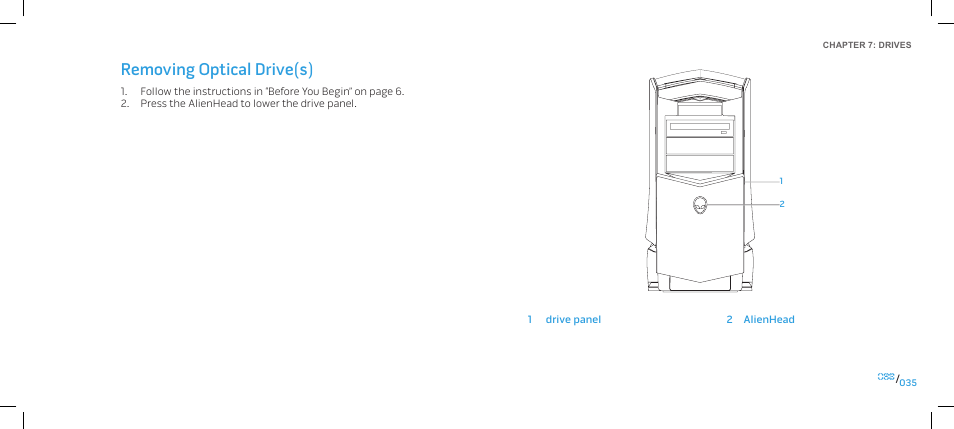 Removing optical drive(s) | Dell Alienware Area-51 ALX (Late 2009) User Manual | Page 35 / 103