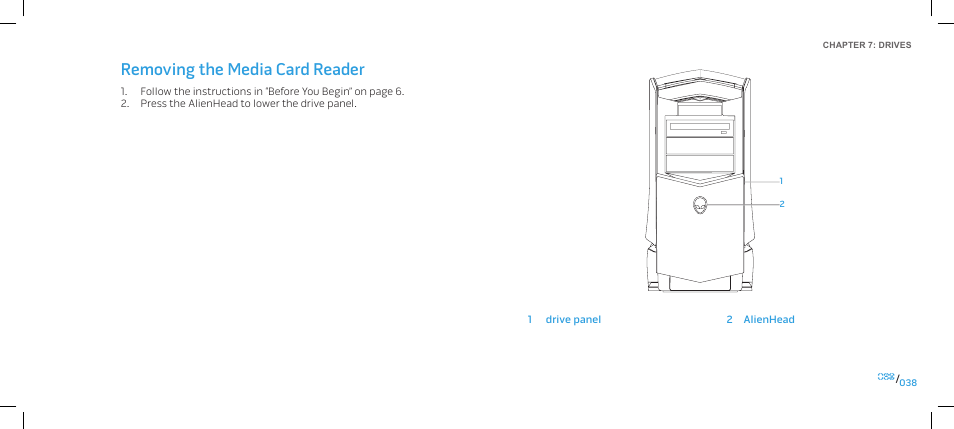 Removing the media card reader | Dell Alienware Area-51 ALX (Late 2009) User Manual | Page 38 / 103