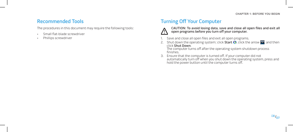 Recommended tools, Turning off your computer, Recommended tools turning off your computer | Dell Alienware Area-51 ALX (Late 2009) User Manual | Page 7 / 103