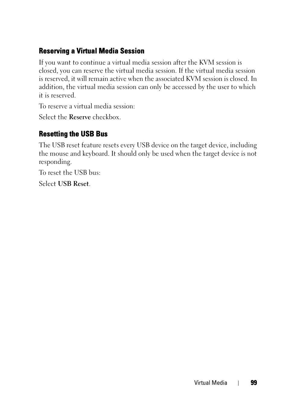 Reserving a virtual media session, Resetting the usb bus | Dell KVM 2161DS User Manual | Page 115 / 244