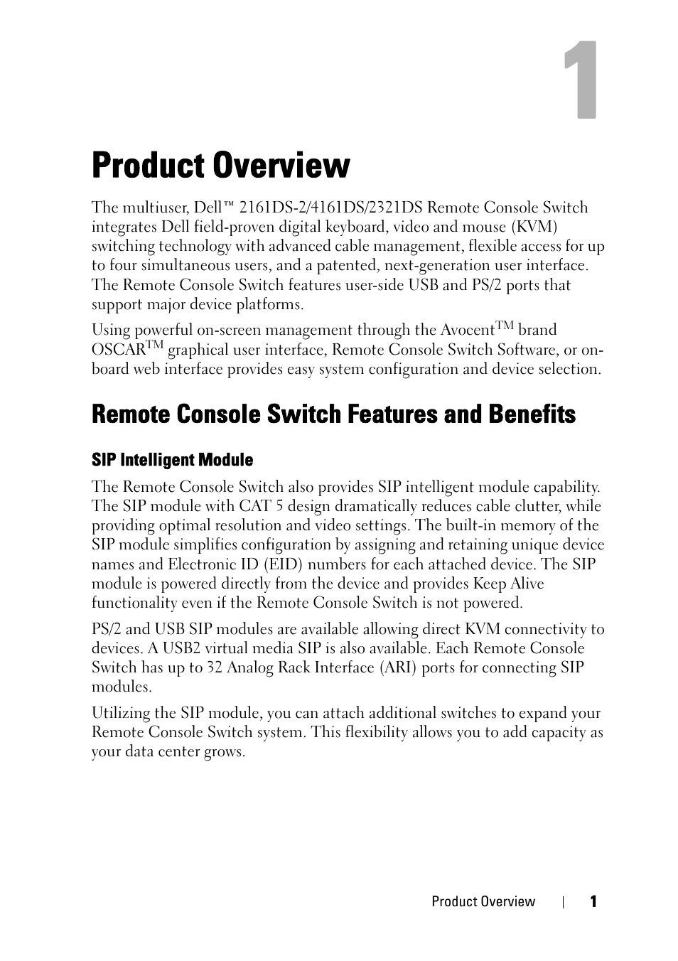 Product overview, Remote console switch features and benefits, Sip intelligent module | Dell KVM 2161DS User Manual | Page 17 / 244