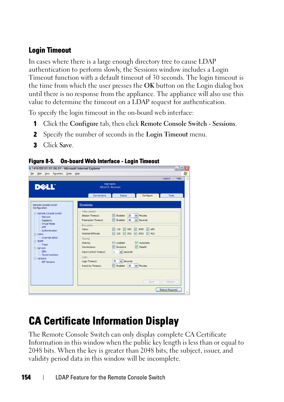 Login timeout, Ca certificate information display | Dell KVM 2161DS User Manual | Page 170 / 244