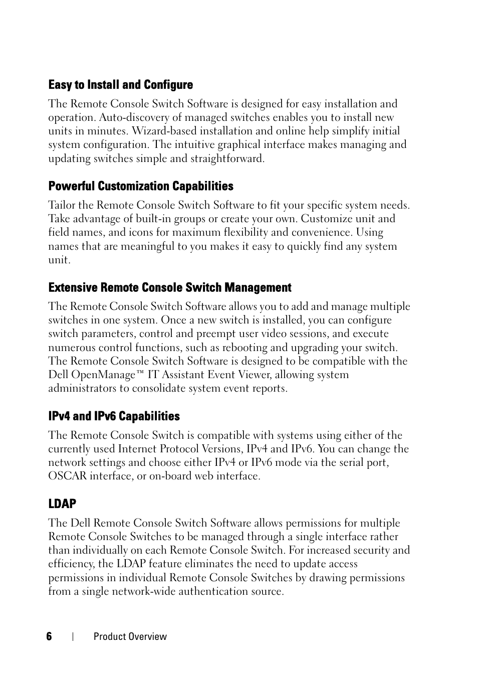 Easy to install and configure, Powerful customization capabilities, Extensive remote console switch management | Ipv4 and ipv6 capabilities, Ldap | Dell KVM 2161DS User Manual | Page 22 / 244