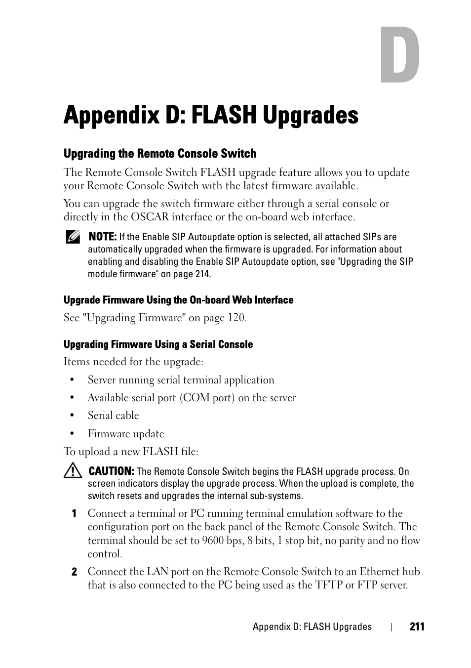 Appendix d: flash upgrades, Upgrading the remote console switch | Dell KVM 2161DS User Manual | Page 227 / 244