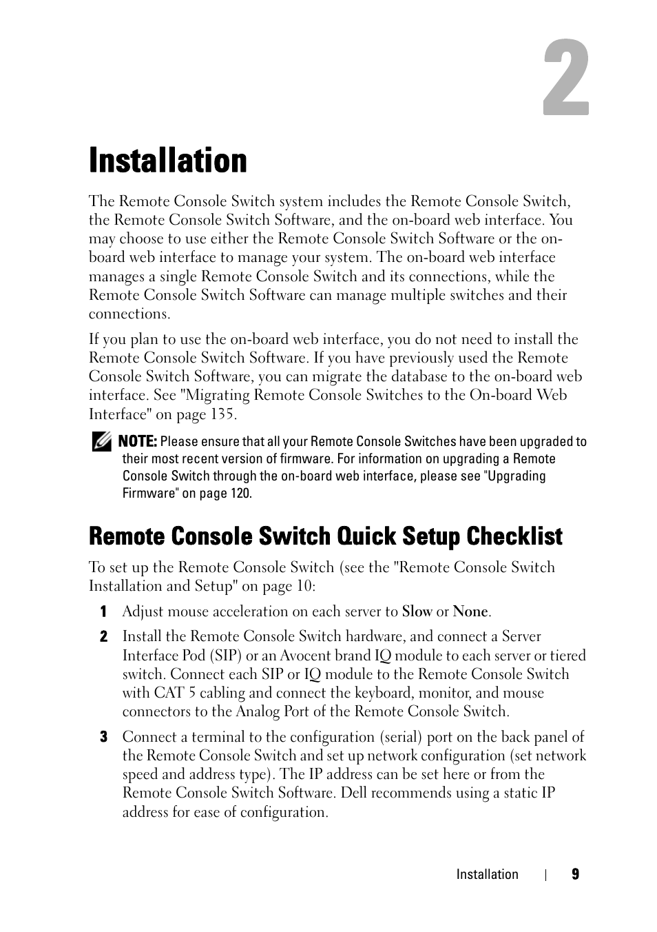 Installation, Remote console switch quick setup checklist | Dell KVM 2161DS User Manual | Page 25 / 244