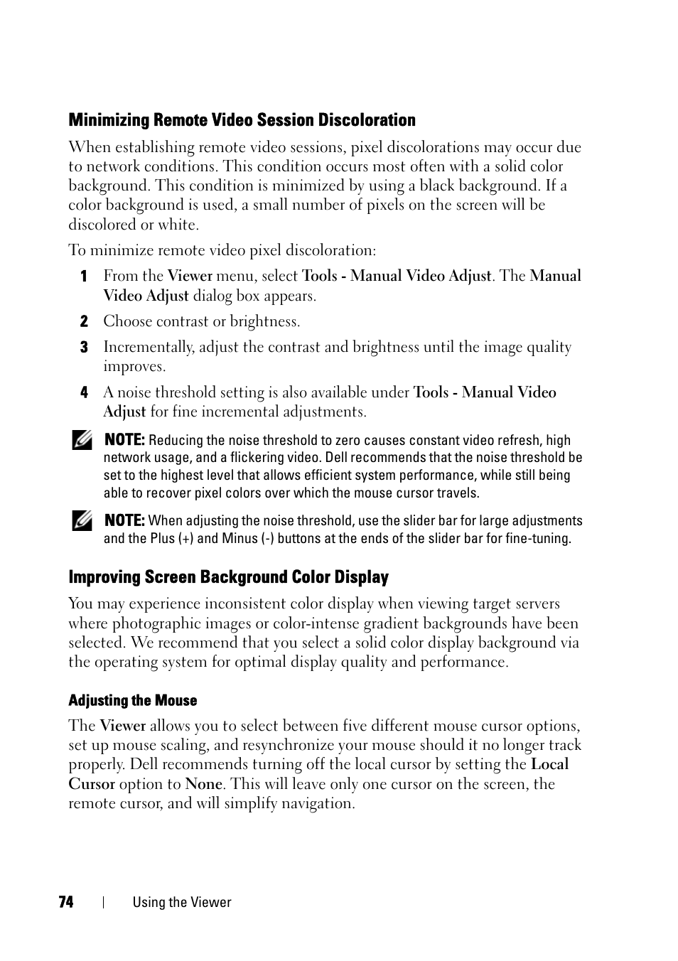 Minimizing remote video session discoloration, Improving screen background color display | Dell KVM 2161DS User Manual | Page 90 / 244