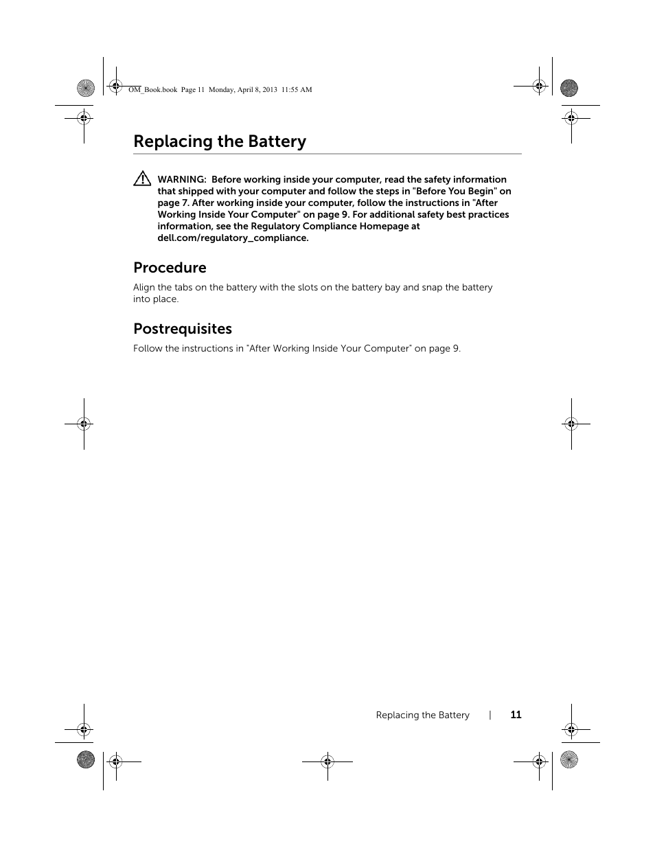 Replacing the battery, Procedure, Postrequisites | Dell Inspiron M531R (5535, Mid 2013) User Manual | Page 11 / 71
