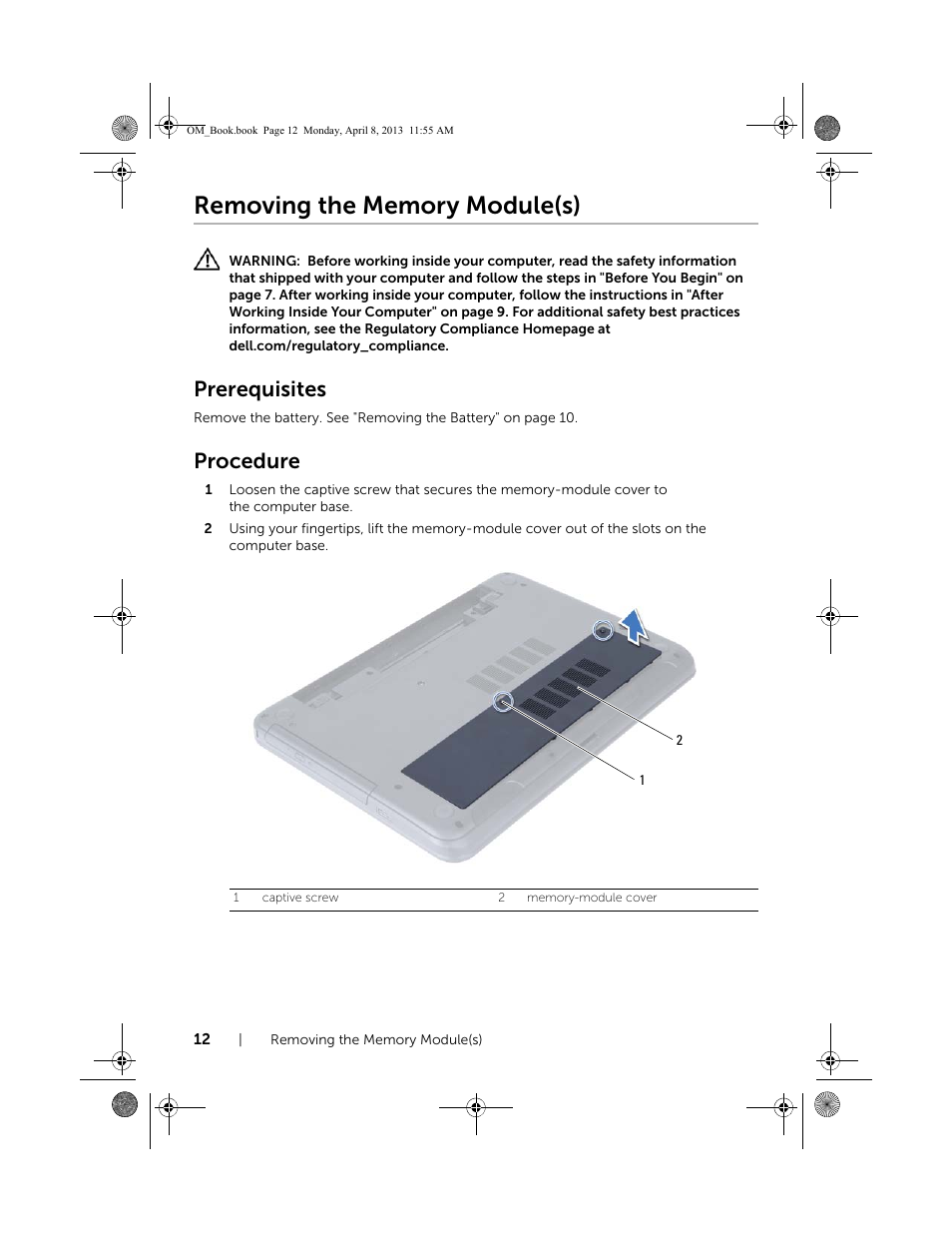 Removing the memory module(s), Prerequisites, Procedure | Dell Inspiron M531R (5535, Mid 2013) User Manual | Page 12 / 71