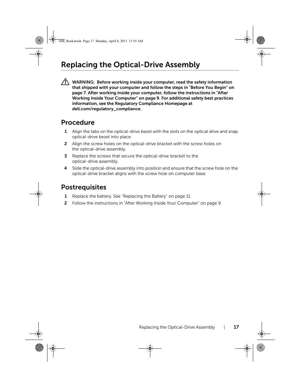 Replacing the optical-drive assembly, Procedure, Postrequisites | Dell Inspiron M531R (5535, Mid 2013) User Manual | Page 17 / 71