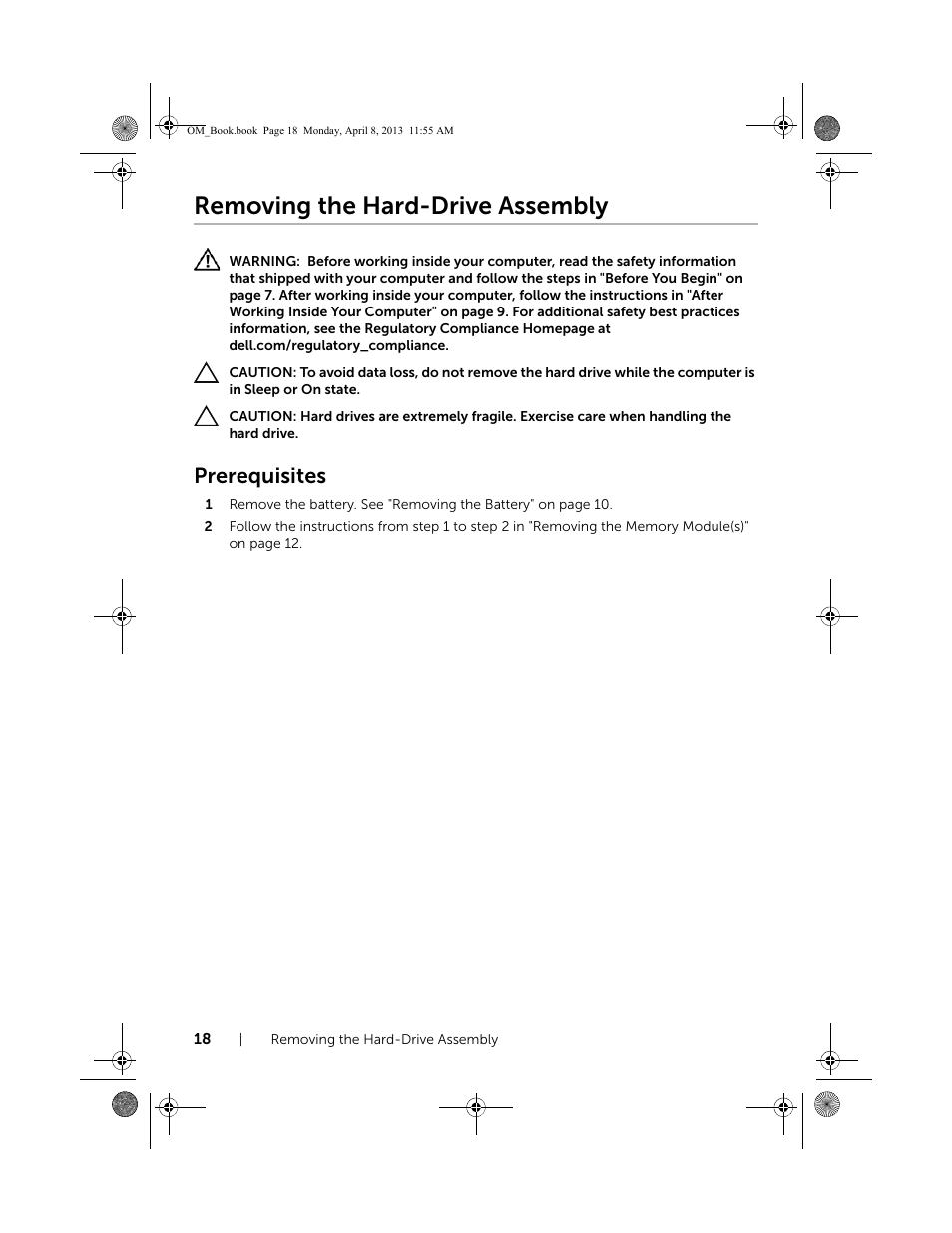 Removing the hard-drive assembly, Prerequisites | Dell Inspiron M531R (5535, Mid 2013) User Manual | Page 18 / 71