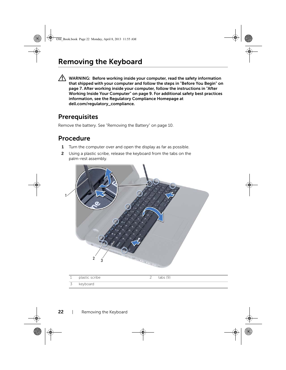 Removing the keyboard, Prerequisites, Procedure | Dell Inspiron M531R (5535, Mid 2013) User Manual | Page 22 / 71