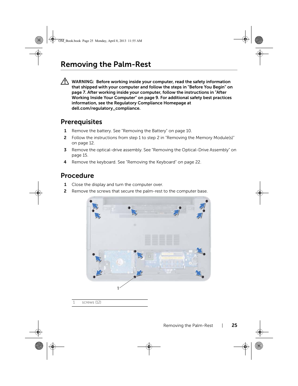 Removing the palm-rest, Prerequisites, Procedure | Dell Inspiron M531R (5535, Mid 2013) User Manual | Page 25 / 71