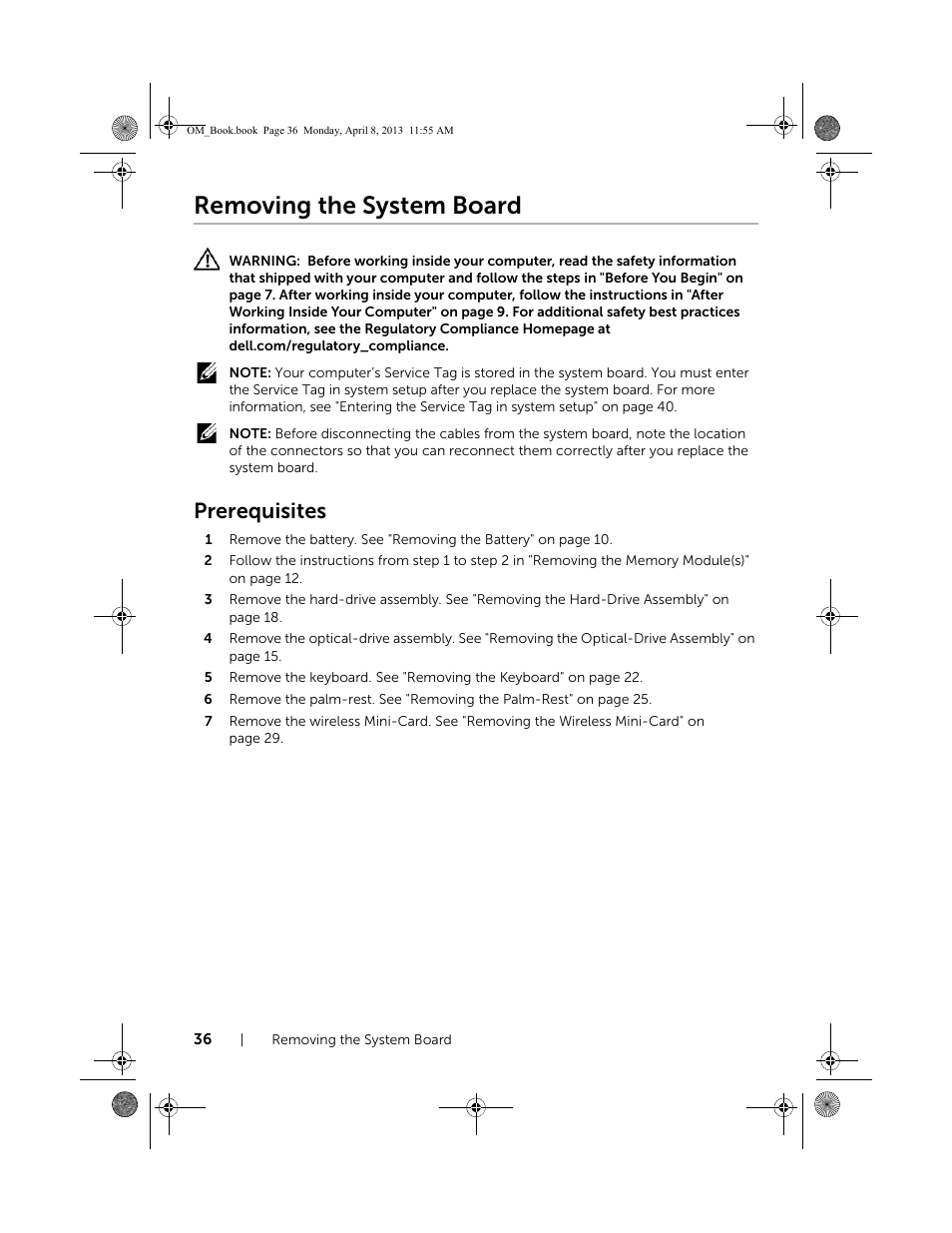 Removing the system board, Prerequisites | Dell Inspiron M531R (5535, Mid 2013) User Manual | Page 36 / 71