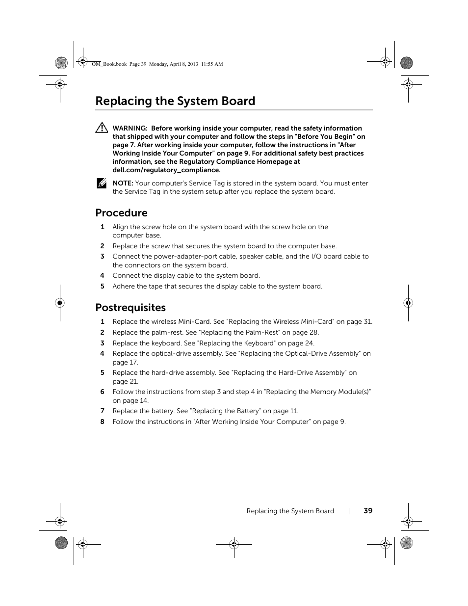 Replacing the system board, Procedure, Postrequisites | Dell Inspiron M531R (5535, Mid 2013) User Manual | Page 39 / 71