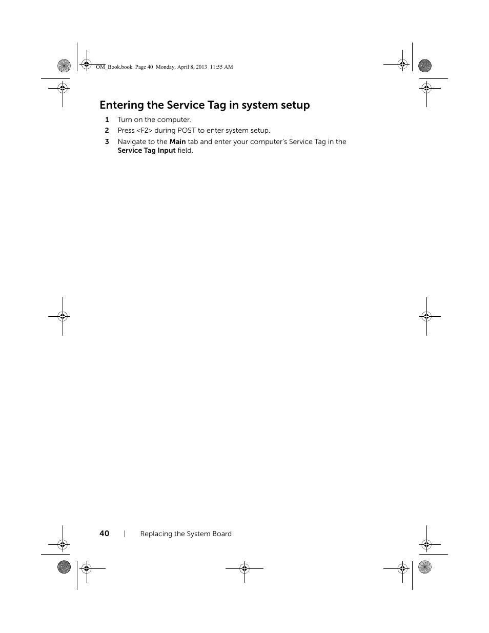 Entering the service tag in system setup | Dell Inspiron M531R (5535, Mid 2013) User Manual | Page 40 / 71