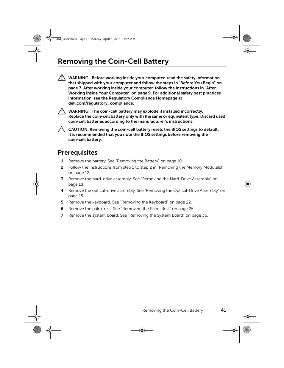 Removing the coin-cell battery, Prerequisites | Dell Inspiron M531R (5535, Mid 2013) User Manual | Page 41 / 71