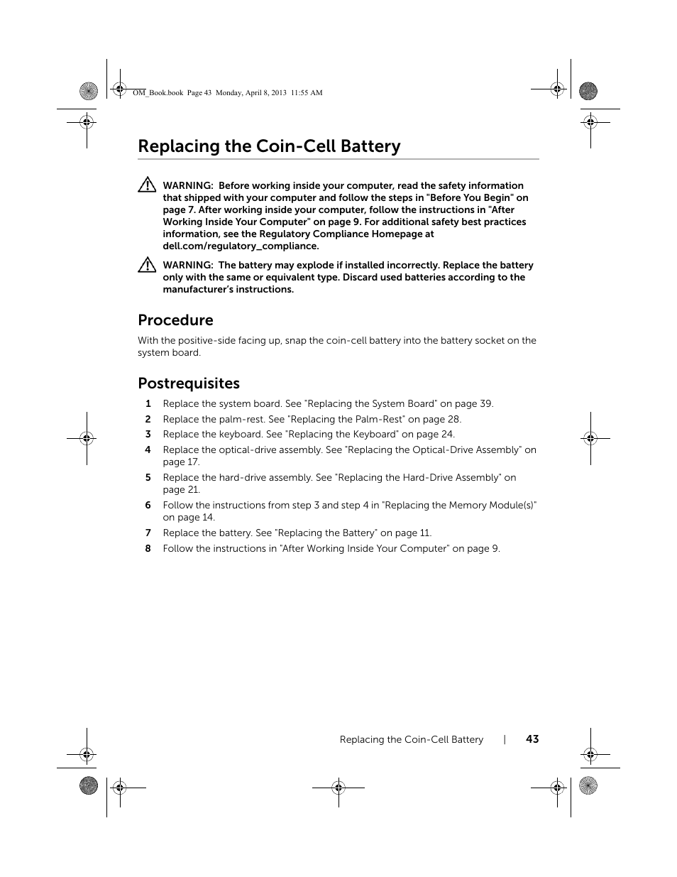 Replacing the coin-cell battery, Procedure, Postrequisites | Dell Inspiron M531R (5535, Mid 2013) User Manual | Page 43 / 71