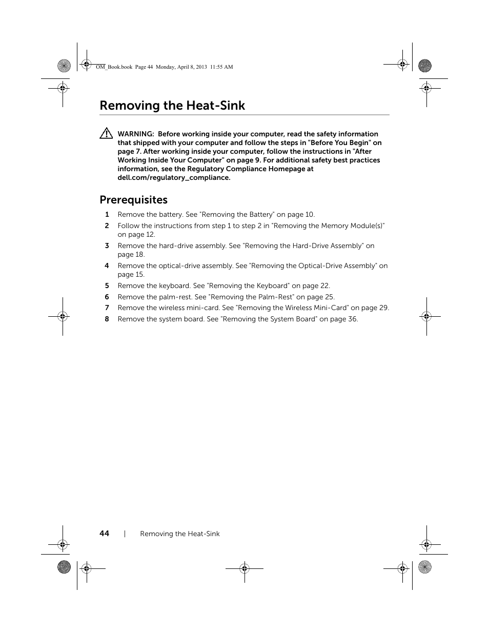 Removing the heat-sink, Prerequisites | Dell Inspiron M531R (5535, Mid 2013) User Manual | Page 44 / 71