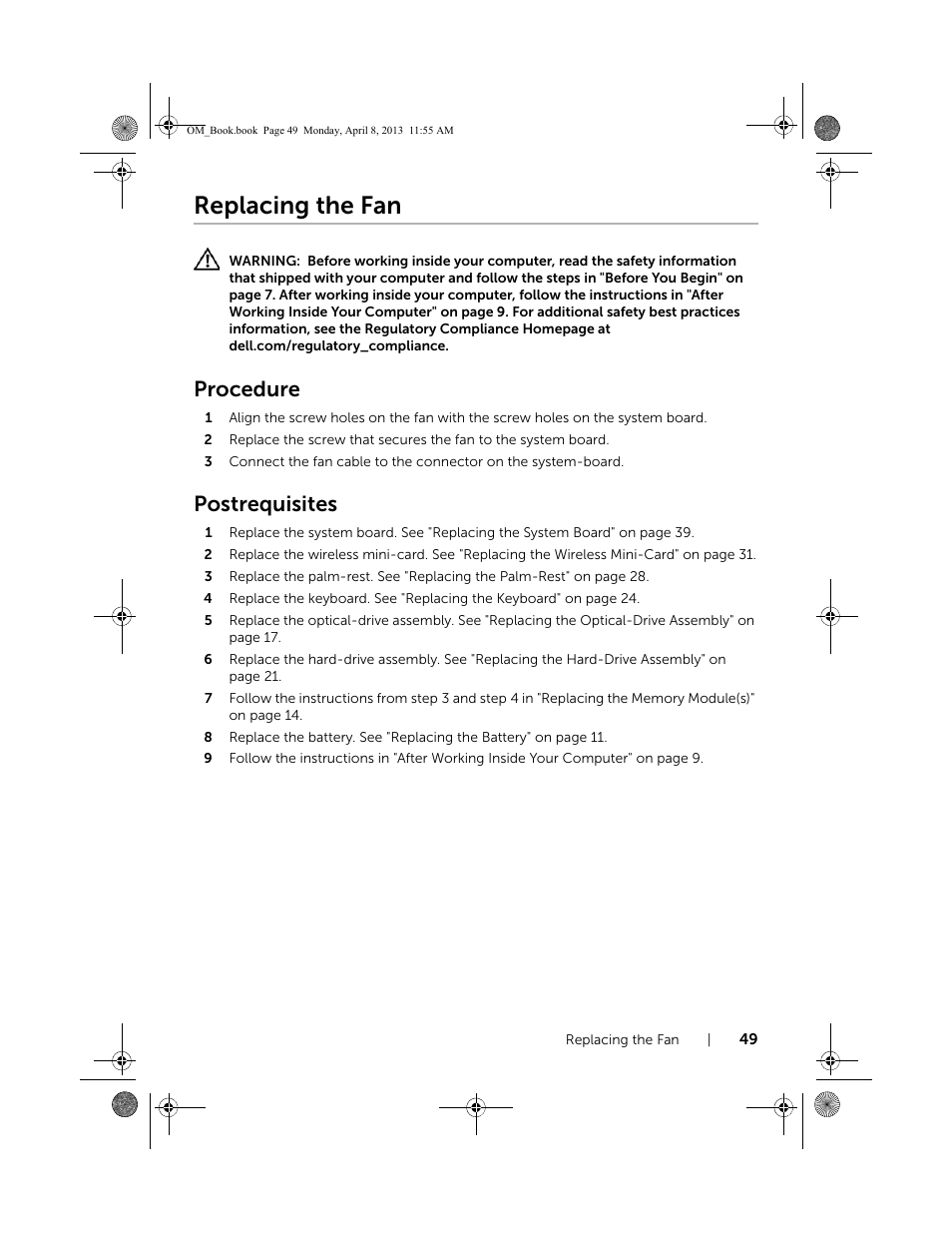 Replacing the fan, Procedure, Postrequisites | Dell Inspiron M531R (5535, Mid 2013) User Manual | Page 49 / 71