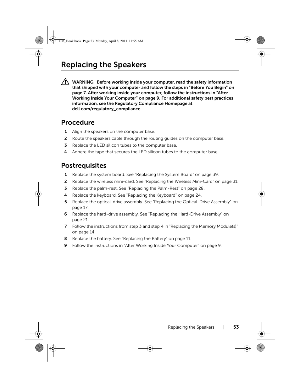 Replacing the speakers, Procedure, Postrequisites | Dell Inspiron M531R (5535, Mid 2013) User Manual | Page 53 / 71