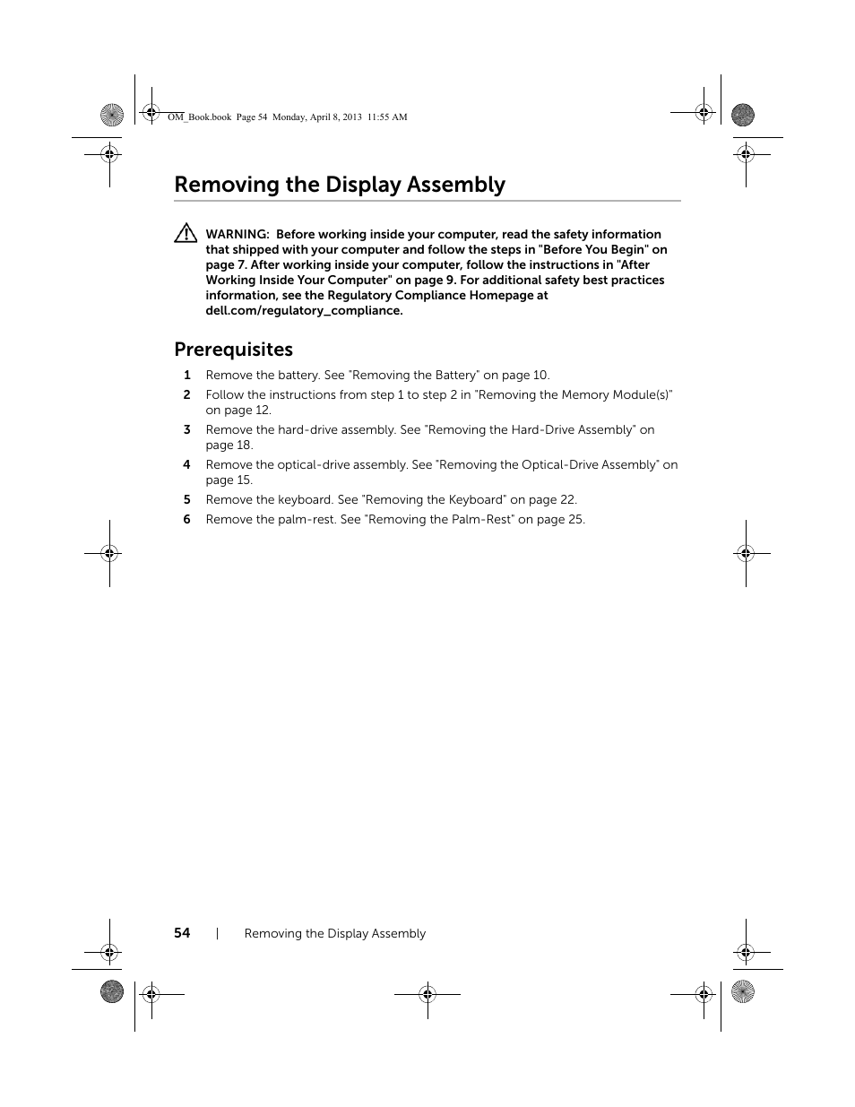 Removing the display assembly, Prerequisites | Dell Inspiron M531R (5535, Mid 2013) User Manual | Page 54 / 71